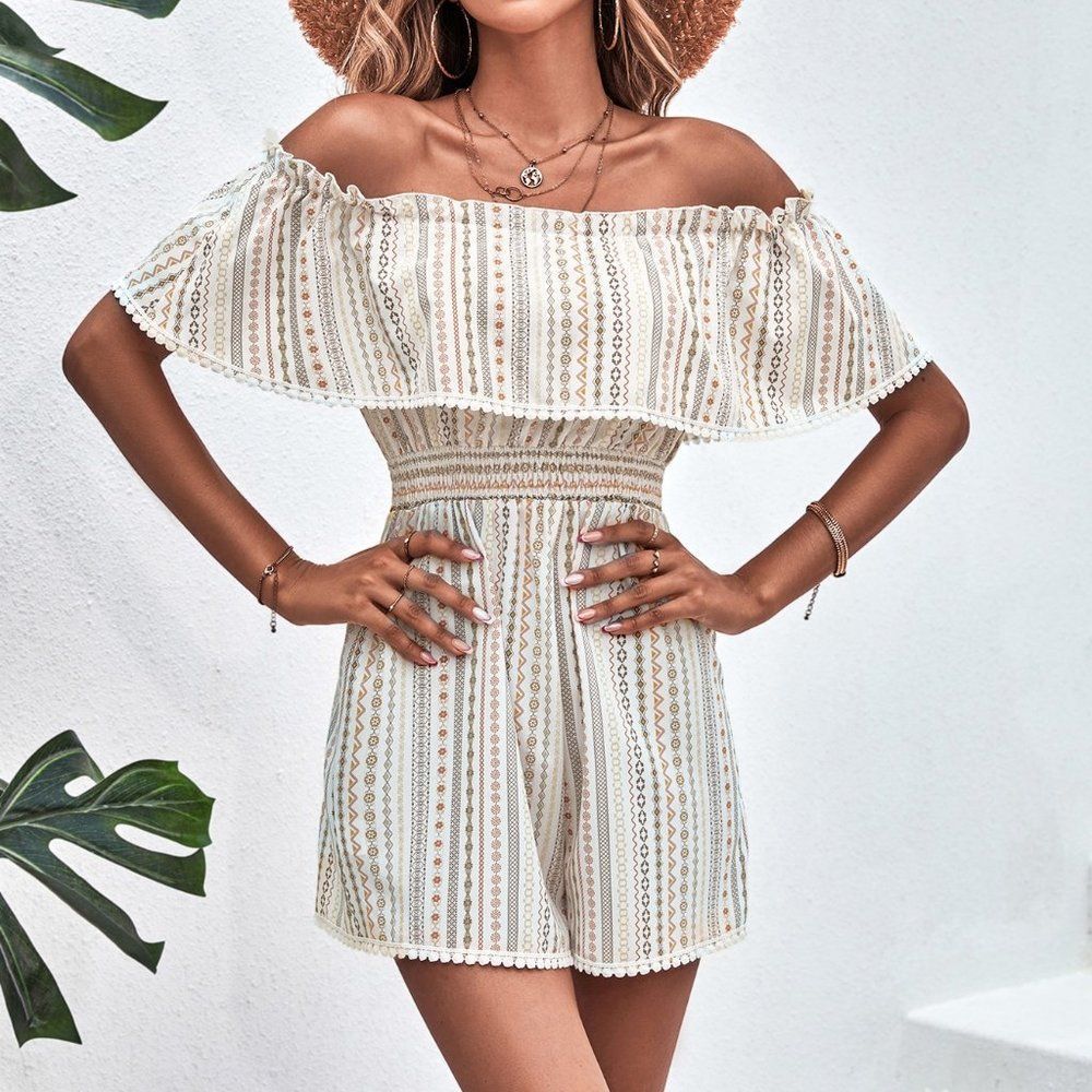 New Geo Print Off Shoulder Ruffle Trim Shirred Waist Romper